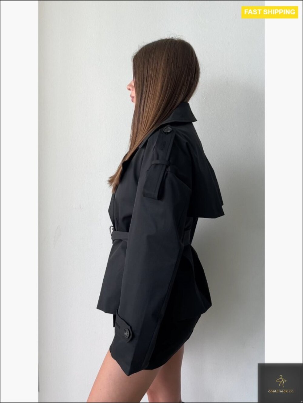Cropped Trench Coat Double Breasted Short Jacket Windproof Belted Fall Fashion - Picture 7 of 7